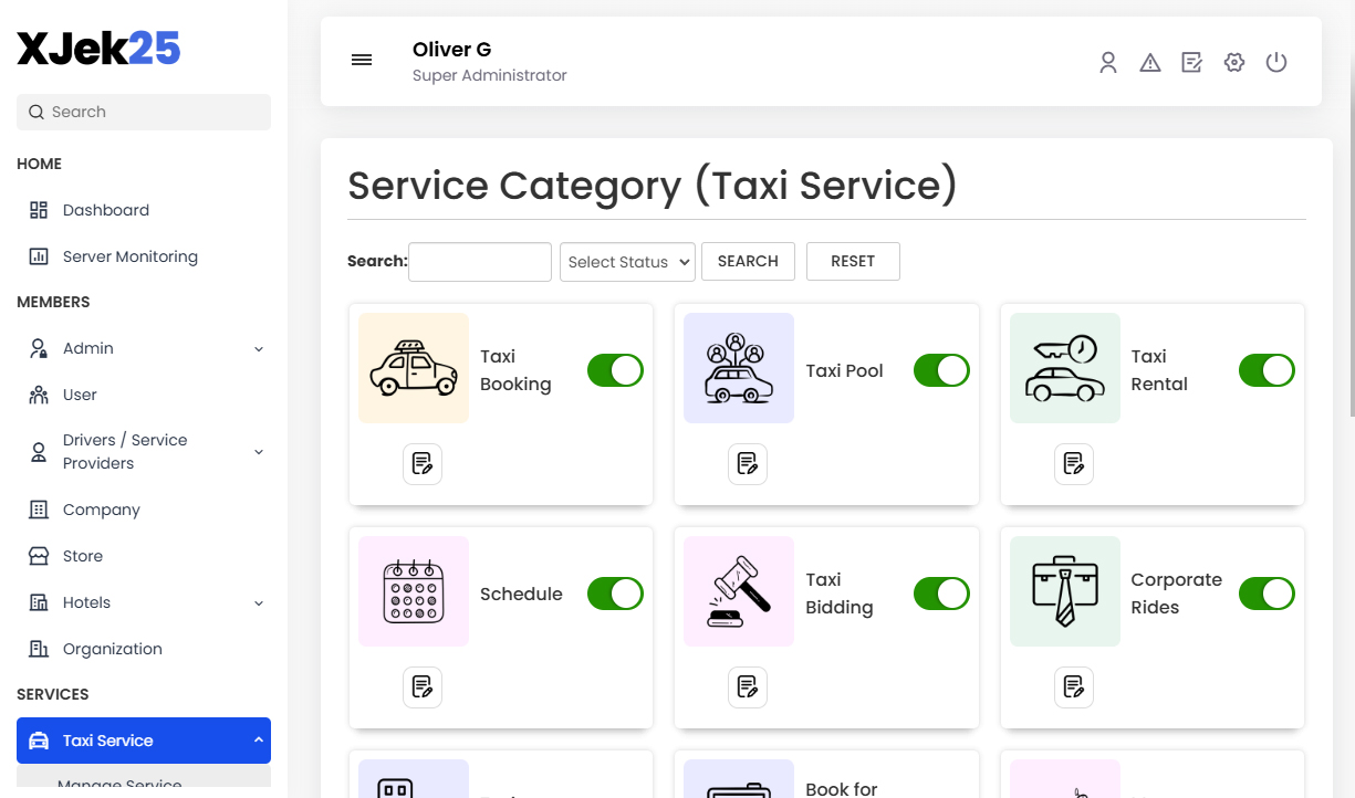 Manage Service Category (Taxi Service)