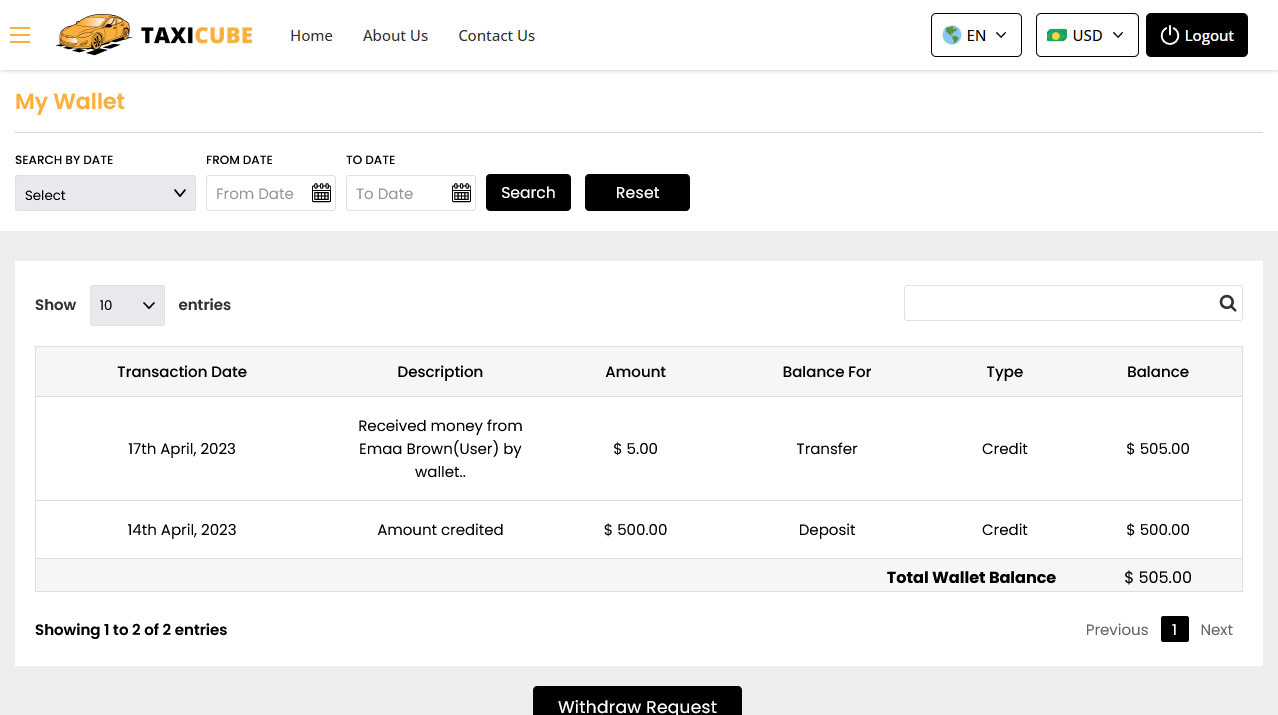 Driver Panel Total wallet Screen