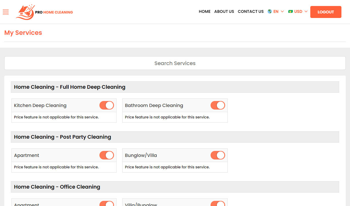 Home Cleaner - Manage Services