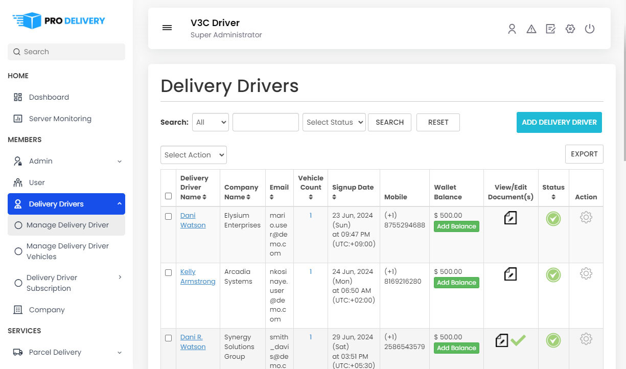 Manage Delivery Drivers