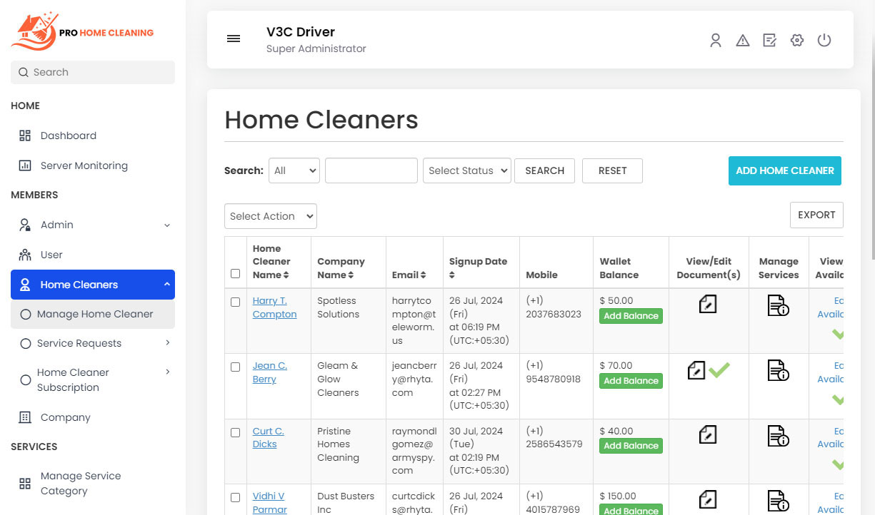 Manage Home Cleaners