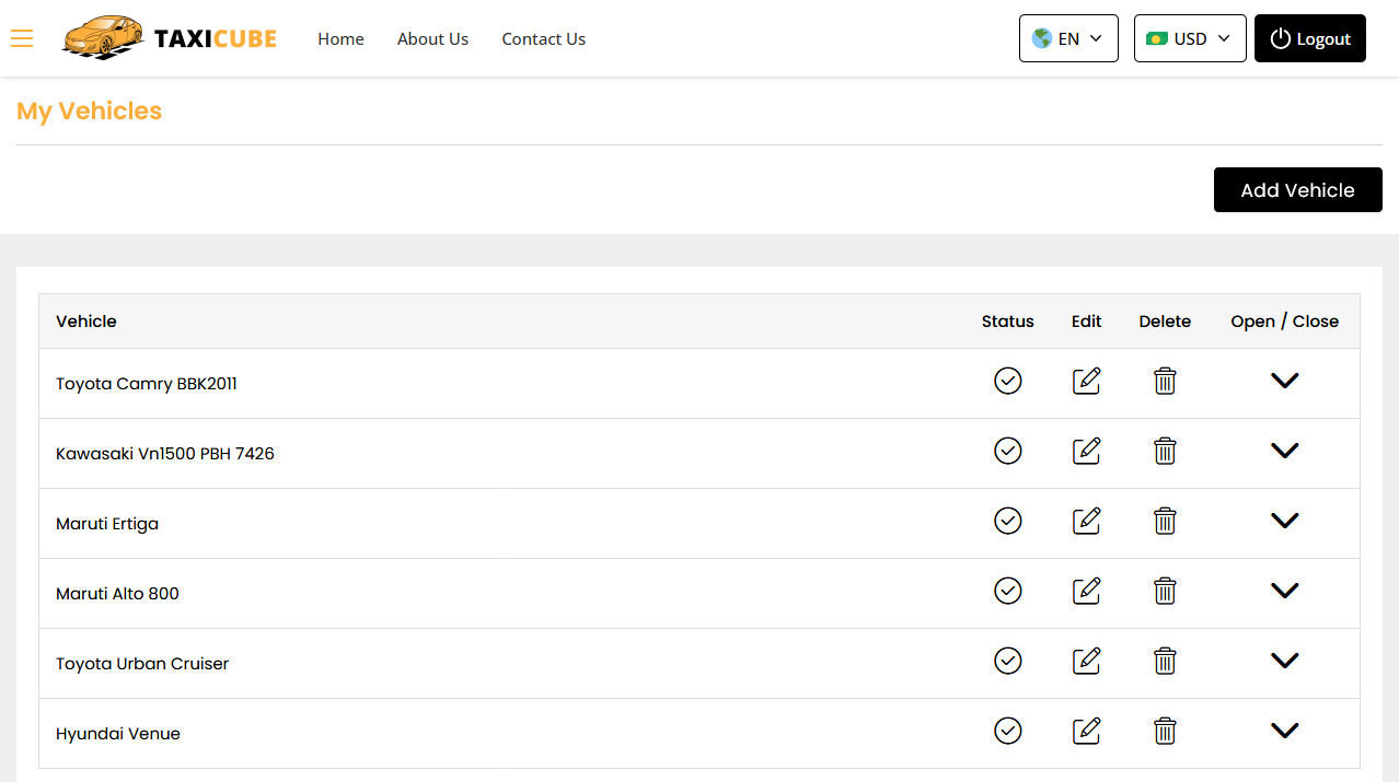 Driver Panel My Taxi, Manage Your Vehicle Screen