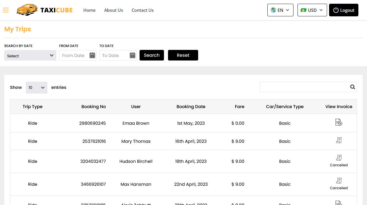 Driver Panel Manage Trips Screen
