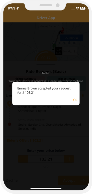 Driver will be notified that Rider has accepted the Offer.