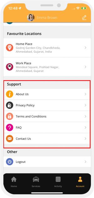 Support menu & About us
